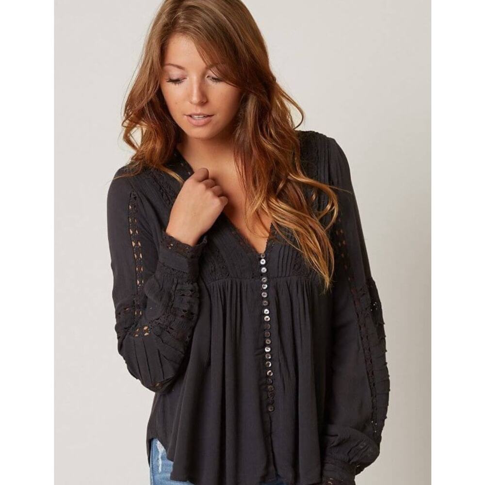 Free People Dark Grey Boho Blouse